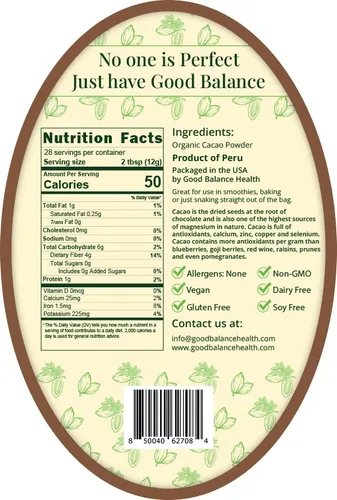 Vista 2 de Good Balance Health - Cacao en polvo orgánico Cacao en polvo crudo sin azúcar para hornear, batidos y chocolate caliente Superalimento a base