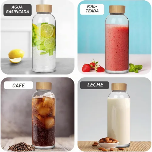 Vista 7 de Botella de agua de vidrio de borosilicato para deportes de 48 onzas, con tapa de bambú y funda de neopreno Negro-x
