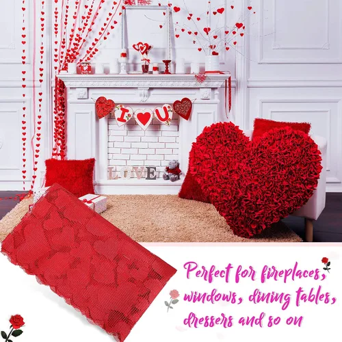 Vista 3 de Boao Camino de mesa de encaje con corazón de San Valentín bordado rojo corazón para decoración de mesa de boda, propuesta de velas, cena