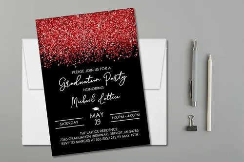 Vista 2 de Invitaciones rojas para fiesta de graduación con sobres (rojo/negro)