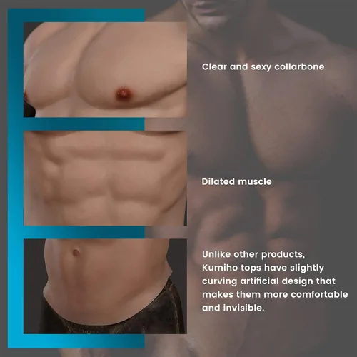Vista 4 de KUMIHO Traje muscular de silicona realista, placa de pecho masculina de cuello alto, pecho falso de alta calidad para cosplay, Halloween, transgénero