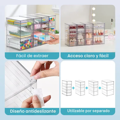 Vista 7 de Vtopmart Juego de 4 organizadores de escritorio transparentes, organizador de bolígrafos con 16 cajones, organización de escritorio de acrílico