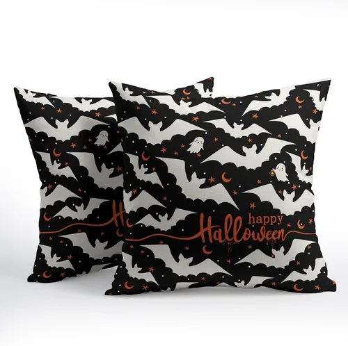 Vista 2 de Happy Halloween - Juego de 2 fundas de almohada decorativas de lino y algodón negro con diseño de murciélago blanco de 16 x 16 pulgadas, fundas