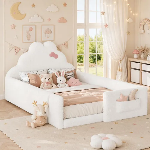 Vista 22 de Cama de suelo tapizada de tamaño matrimonial con valla y bolsillos, cama de Cama de suelo tapizada de tamaño matrimonial con listones y cabecero