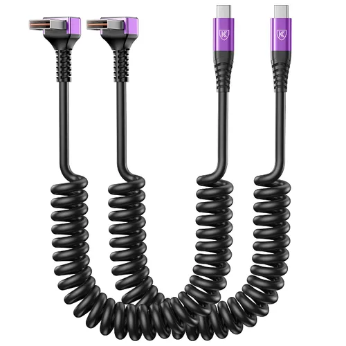Vista 20 de Cable USB A a USB C de 90 grados, paquete de 2 cables USB tipo C en espiral de 3 pies para automóvil, cable de carga rápida USB-C compatible