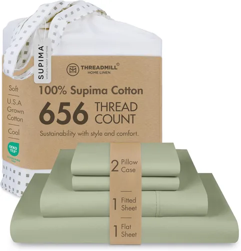 Vista 16 de Threadmill - Juego de sábanas tamaño individual 656 hilos 100% algodón Supima para colchón individual Juego de sábanas de satén sólido para cama