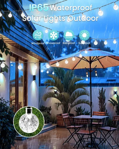 Vista 2 de LORRYTE Tira de luces solares para exteriores, 50 luces LED de 32 pies, impermeables, con energía solar, luces de globo de cristal para exteriores