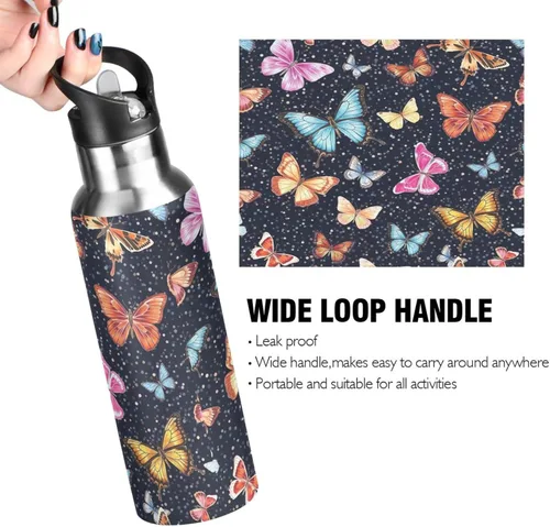 Vista 4 de Stainless Steel Water Bottle 20 Oz, Leakproof Water Bottles for Gym Outdoor Travel School, Colorful Butterflies Black