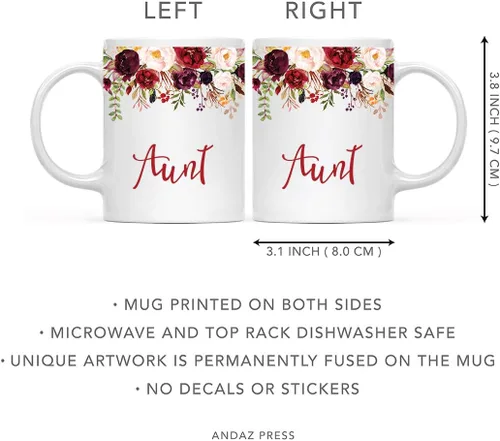 Vista 5 de Andaz Press Taza de té de cerámica para el día de la madre, regalo de 9.5 fl oz, otoño, marsala, flores burdeos, rosas, flores, tía, 1 paquete