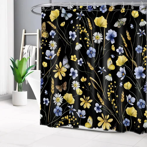 Vista 16 de EOBTAIN Nature - Cortina de ducha con flores silvestres para baño, cortina de ducha amarilla floral y mariposa sobre negro, con 10 ganchos, juego