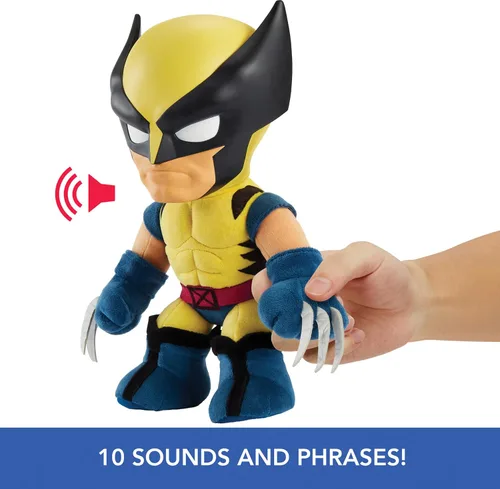 Vista 2 de Mattel Marvel X-Men Peluche con sonidos y voz, coleccionable Wolverine de 1997 con traje amarillo y estilo de animación retro