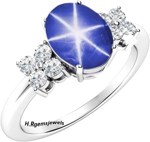Vista 3 de Anillo ovalado de zafiro estrella, anillo de estrella Lindy azul, 6Rays, creado en laboratorio, anillo de aniversario de estrella azul, anillo