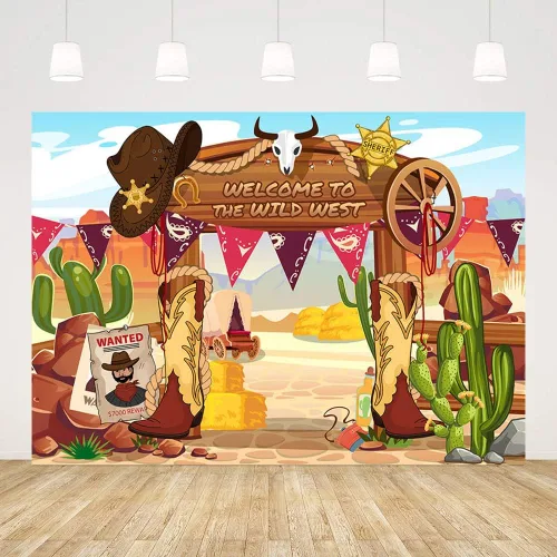 Vista 2 de MEHOFOND Telón de fondo de vaquero del oeste salvaje, tema de vaquero occidental colgante, remolinos de papel de aluminio, decoraciones de fiesta