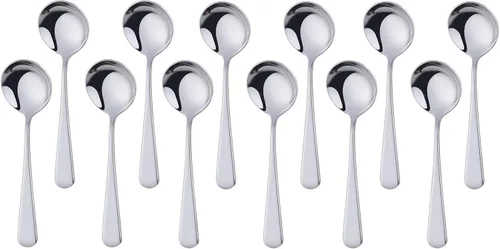 Vista 7 de Juego de 12 cucharas de sopa redondas de acero inoxidable, cucharas de caldo de 6 pulgadas, color negro