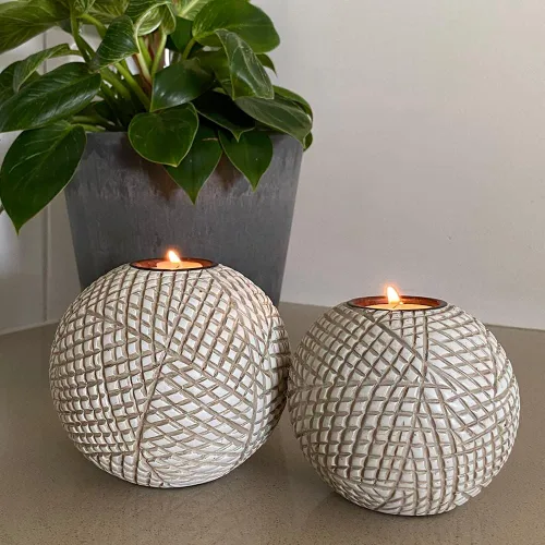 Vista 9 de Luca - Juego de 2 portavelas de té beige Orb en caja de regalo Beige y blanco
