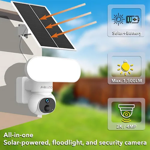 Vista 3 de Cámara de seguridad solar inalámbrica AQUZO, reflector de 1500LM y PTZ 2K Color Night Vision, 64GB SD Included, 2.4G WiFi, Solar+Battery, AI Human