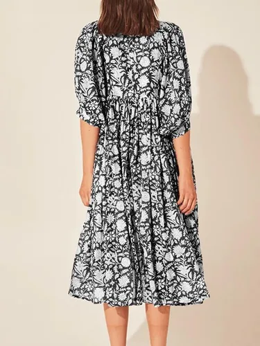 Vista 6 de Vestido largo bohemio con cuello en V profundo y mangas abombadas para mujer, estilo casual, floral, de gasa, escalonado, con vuelo, para fiesta