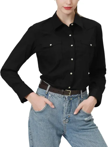 Vista 21 de PASHARTUK Camisas occidentales para mujer, camisas de manga larga de algodón para mujer con botones a presión, camisas a cuadros para mujer Beige