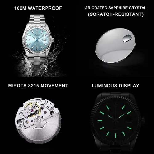 Vista 7 de CADISEN - Reloj de pulsera de acero inoxidable impermeable para hombre, mecánico, de negocios