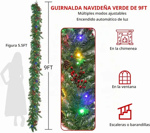 Vista 2 de Guirnalda de Navidad con luces de 9 pies, guirnalda de Navidad iluminada, funciona con pilas, 8 modos de iluminación, 50 luces LED, guirnalda