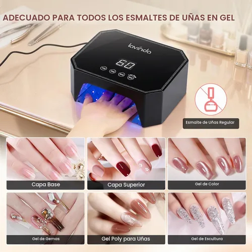 Vista 6 de Lavinda Lámpara de uñas LED UV de 54 W, luz de uñas de gel enchufable con pantalla LCD, 4 temporizadores, sensor automático, longitud de onda doble