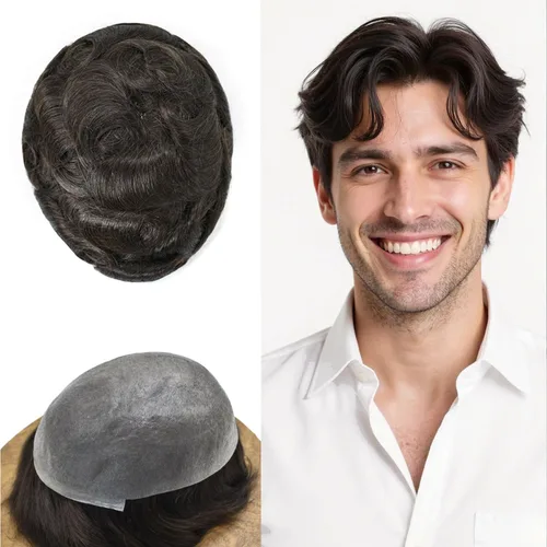 Vista 31 de Hombres Toupee Hair Thin Skin 0.06 Men's Toupee Hair Piece Remy Human Hair System Mens Hairpieces Invisable Hairline Protesis Capilar Para Hombre