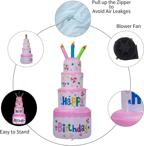 Vista 10 de AJY Pastel inflable de feliz cumpleaños de 6 pies con vela, decoración de césped para interiores y exteriores