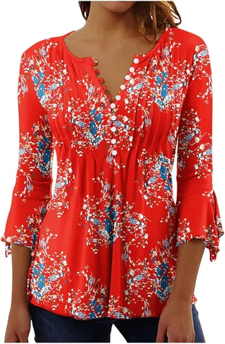 Vista 18 de Ceboyel Blusa tipo túnica con estampado floral para mujer, con botones, estilo Henley, con manga de codo, casual, trajes de moda para mujer