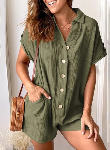 Vista 2 de BLENCOT Mono de verano con botones para mujer, casual, cuello en V, manga corta, con bolsillos