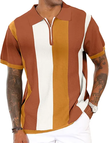 Vista 18 de Camisas polo de moda para hombre, camisas de punto vintage a rayas, camisas de golf casuales ajustadas