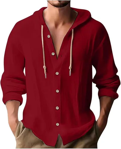 Vista 24 de Camisas de lino para hombre, casual, con botones, de verano, algodón, lino, con capucha, para playa, manga larga, con capucha