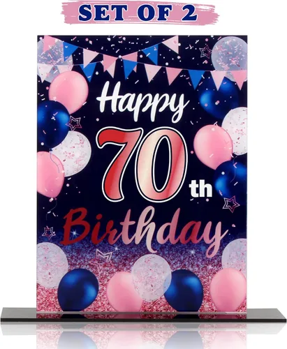 Vista 37 de LINGTEER Decoraciones de feliz cumpleaños número 11, 2 piezas de soporte de acrílico con impresión de pie rosa y azul, tablero de telón de fondo