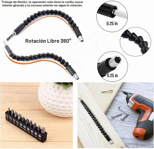 Vista 6 de Extensión de broca flexible, extensión de taladro flexible de 11.6 pulgadas, manual de 90° en ángulo recto, extensión flexible de 1/4 para taladro