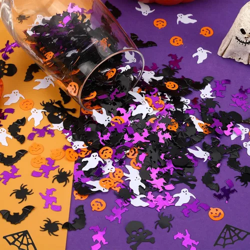 Vista 5 de MARFOREVER Decoraciones de confeti con purpurina de Halloween, fiesta de Halloween, dispersión de confeti negro, naranja, morado, fantasma
