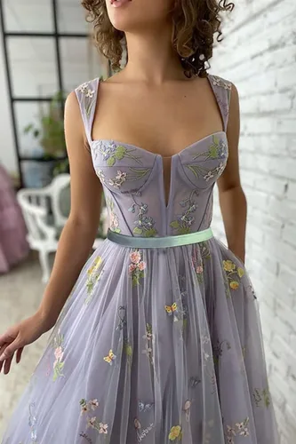 Vista 5 de Basgute Vestido de fiesta de tul con bordado de flores para mujer, corsé, largo, con tirantes delgados, de hadas, fruncido, formal, vestido de fiesta