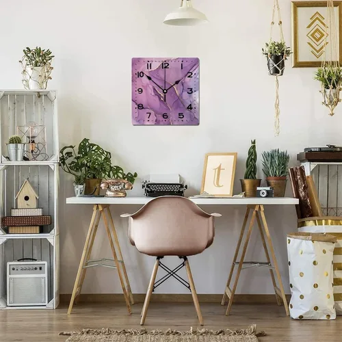 Vista 7 de Reloj de pared de madera de 15 pulgadas, funciona con pilas, digital morado y dorado con textura de purpurina cuadrada, reloj de pared