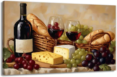 Vista 9 de OAAPITI Cuadros de Cocina Decoración de Pared Acuarela Vino Uva Pan Impresión en Lienzo Pinturas Abstractas de Frutas y Alimentos para Comedor Casa