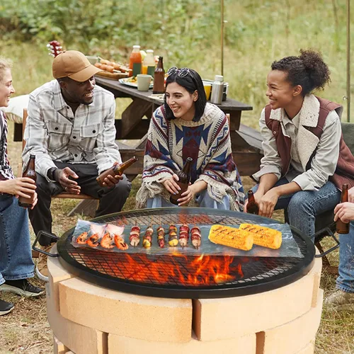 Vista 8 de VEVOR X-Marks - Rejilla para parrilla de fogata, parrilla de cocción redonda, rejilla de parrilla BBQ de fogata de acero resistente con mango