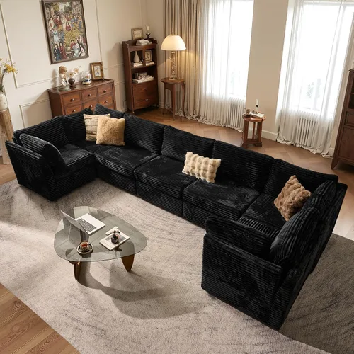 Vista 22 de Ovios - Sofá modular con diván en forma de U y otomanas, cómodo y mullido, tapizado en pana estilo nube, moderno, asiento profundo, juego de sofás