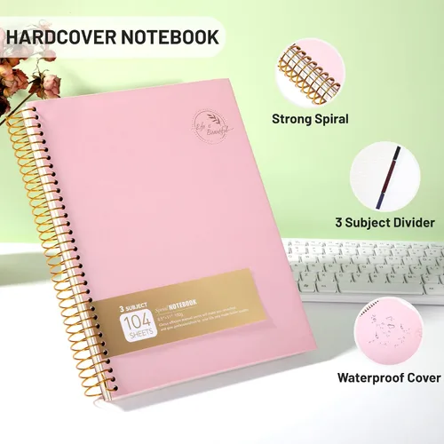 Vista 5 de FLYING EAGLE Cuaderno de 3 materias en espiral grande de 8.5 x 11 pulgadas, color rosa para mujeres y hombres, papel grueso de 100 GSM, 104 hojas