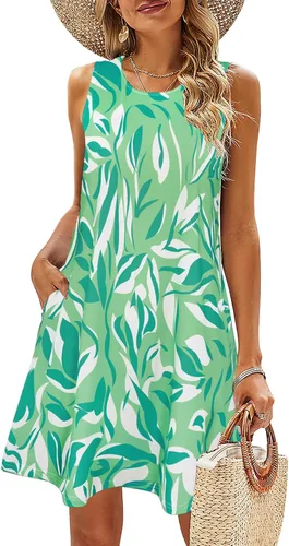 Vista 120 de SimpleFun - Vestidos de verano para mujer, camiseta floral, vestido de playa de estilo bohemio, informal, con bolsillos y sin mangas