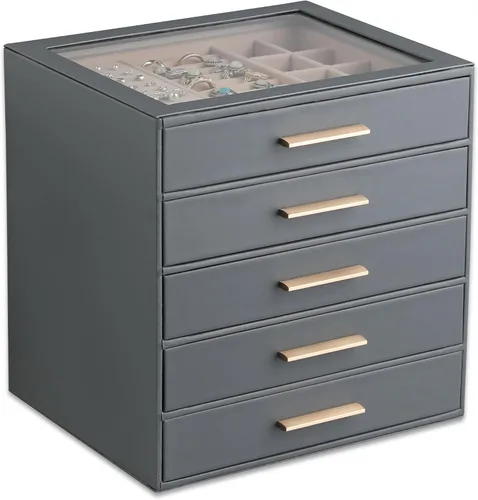 Vista 10 de Frebeauty Joyero para mujer, organizador de joyas con tapa transparente con 3 cajones Marrón Oscuro