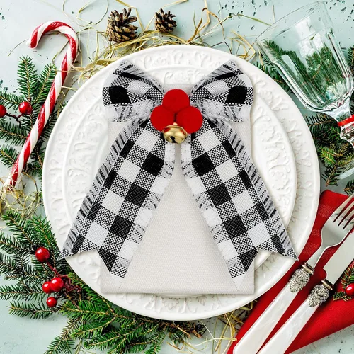 Vista 4 de 12 piezas de soporte para cubiertos de Navidad, soporte de utensilios de yute, soporte de vajilla de Navidad, cubertería de cuadros de búfalo, bolsa