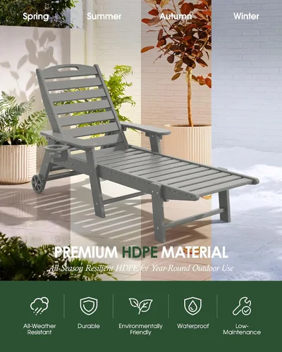 Vista 8 de Tumbona al aire libre, silla de descanso al aire libre con textura de madera, respaldo ajustable de 5 posiciones, silla de salón de polietileno