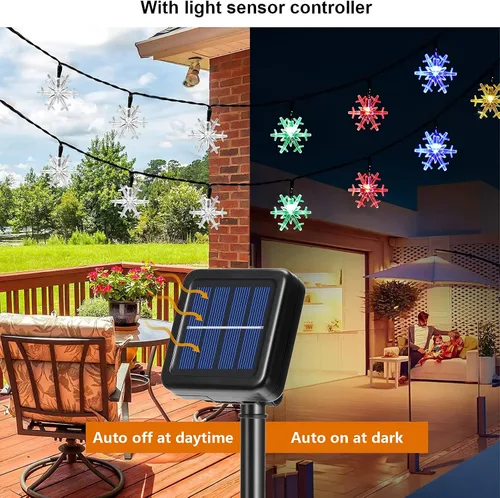 Vista 6 de Mudder Tira de 80 luces LED de Navidad más grandes de 33 pies con forma de copo de nieve, funciona con energía solar, tira de luces impermeables Luz