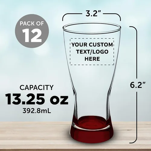 Vista 5 de Vasos Pilsner personalizados de 13.25 onzas, juego de 12, paquete personalizado a granel, fabricado en los Estados Unidos, perfecto para hoteles