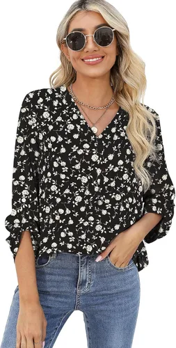 Vista 3 de QUEZHU Blusas de manga 34 para mujer, estilo casual, elegante, de gasa, cuello en V, blusas