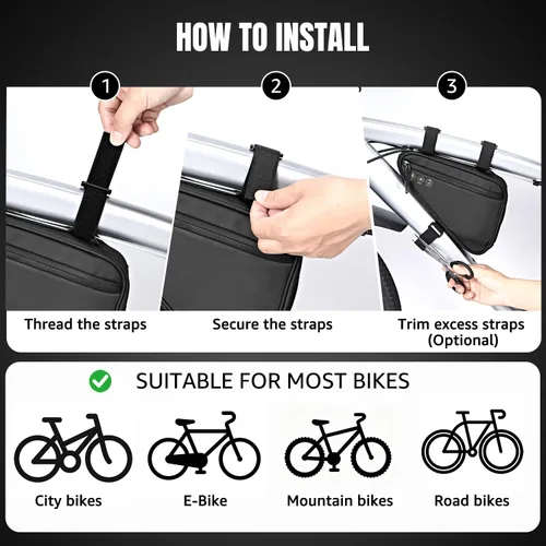Vista 5 de Bolsa de almacenamiento para cuadro de bicicleta WOTOW, bolsa triangular reflectante resistente al agua con dos bolsillos laterales, bolsa
