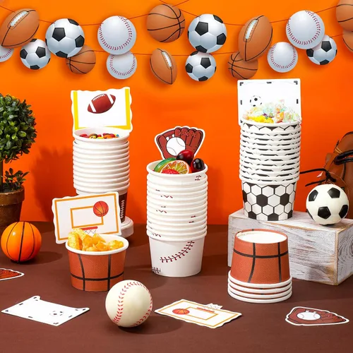 Vista 2 de Tanlade 48 tazas deportivas para aperitivos, cuencos deportivos, decoración de fútbol, béisbol, rugby, baloncesto, suministros de fiesta