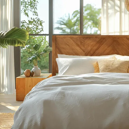 Vista 5 de Acacia Alander - Marco de cama de madera maciza con cabecera de cheurón Caramelo.